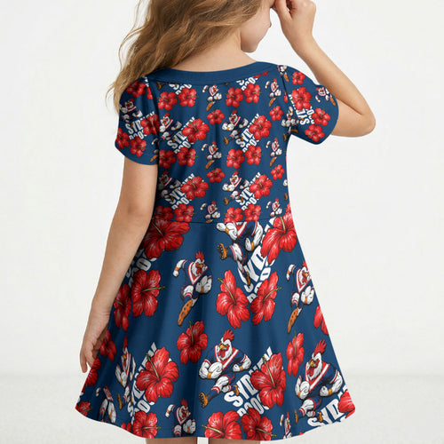 Sydney Roosters Kid Short Sleeve Dress Tropical Hibiscus Floral Seamless Rugby Mascot
