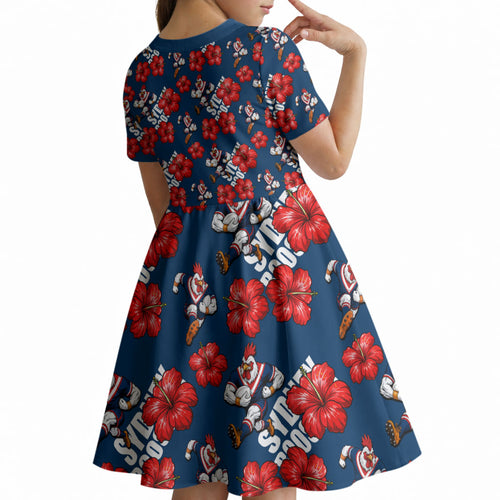Sydney Roosters Kid Short Sleeve Dress Tropical Hibiscus Floral Seamless Rugby Mascot
