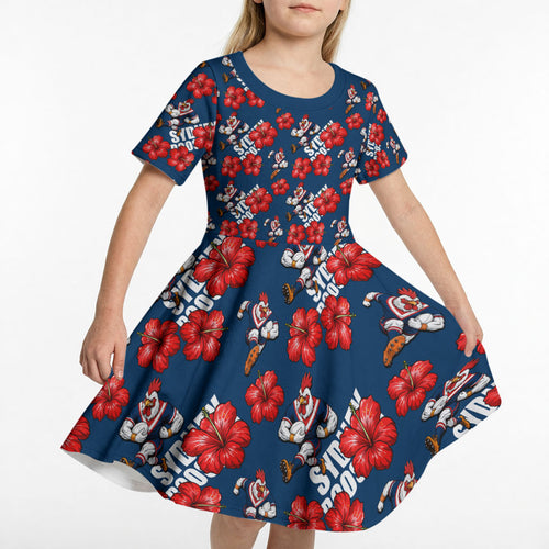 Sydney Roosters Kid Short Sleeve Dress Tropical Hibiscus Floral Seamless Rugby Mascot