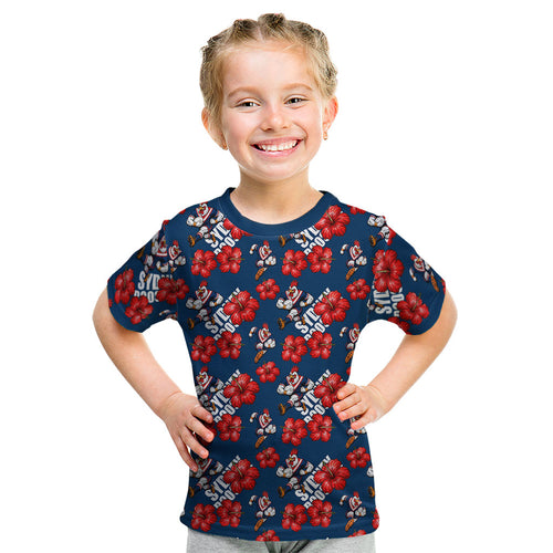 Sydney Roosters Kid T Shirt Tropical Hibiscus Floral Seamless Rugby Mascot