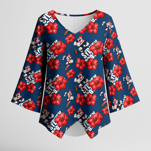 Sydney Roosters Kimono Sleeve Blouse Tropical Hibiscus Floral Seamless Rugby Mascot