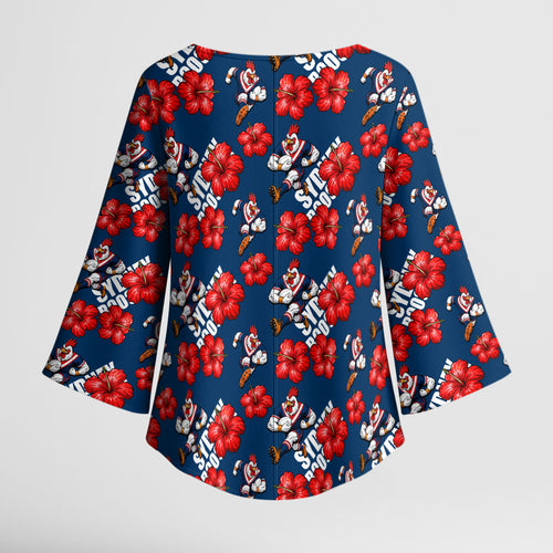 Sydney Roosters Kimono Sleeve Blouse Tropical Hibiscus Floral Seamless Rugby Mascot