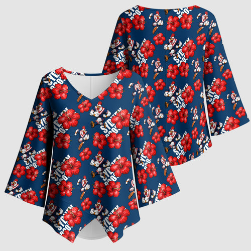 Sydney Roosters Kimono Sleeve Blouse Tropical Hibiscus Floral Seamless Rugby Mascot