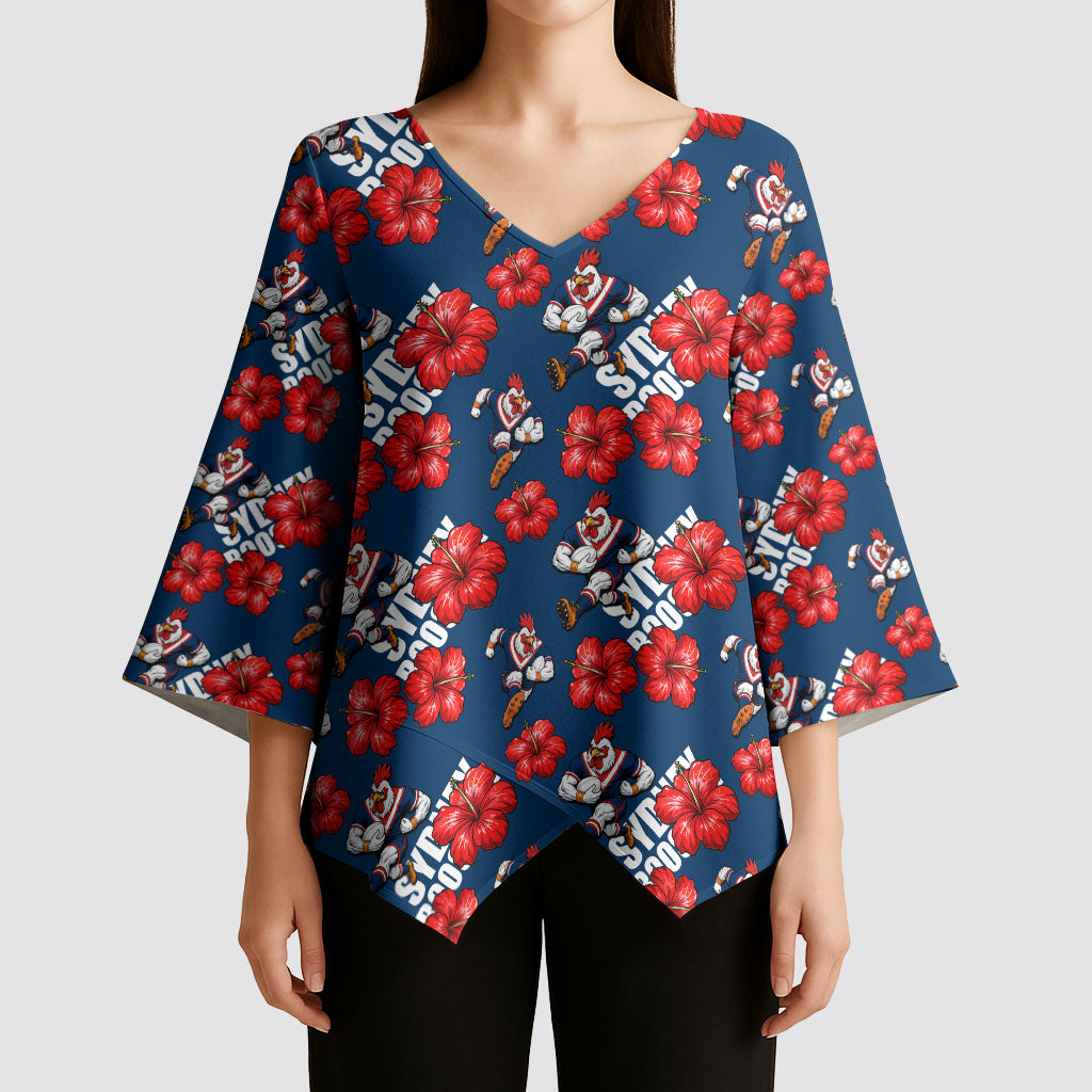 Sydney Roosters Kimono Sleeve Blouse Tropical Hibiscus Floral Seamless Rugby Mascot