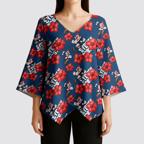 Sydney Roosters Kimono Sleeve Blouse Tropical Hibiscus Floral Seamless Rugby Mascot
