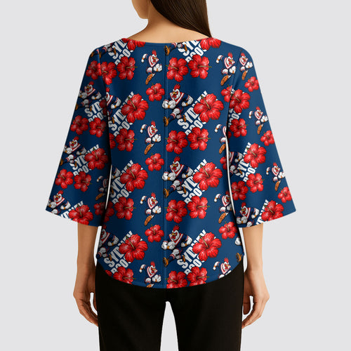 Sydney Roosters Kimono Sleeve Blouse Tropical Hibiscus Floral Seamless Rugby Mascot