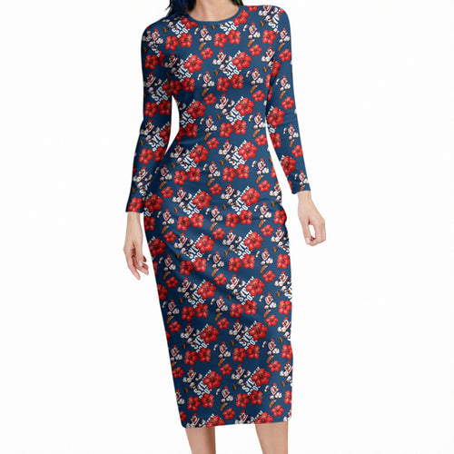 Sydney Roosters Long Sleeve Bodycon Dress Tropical Hibiscus Floral Seamless Rugby Mascot