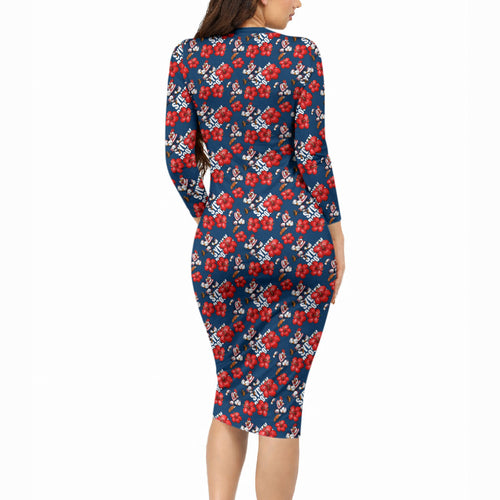 Sydney Roosters Long Sleeve Bodycon Dress Tropical Hibiscus Floral Seamless Rugby Mascot