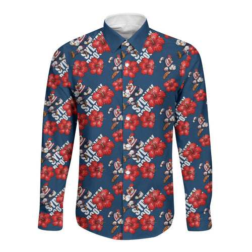 Sydney Roosters Long Sleeve Button Shirt Tropical Hibiscus Floral Seamless Rugby Mascot