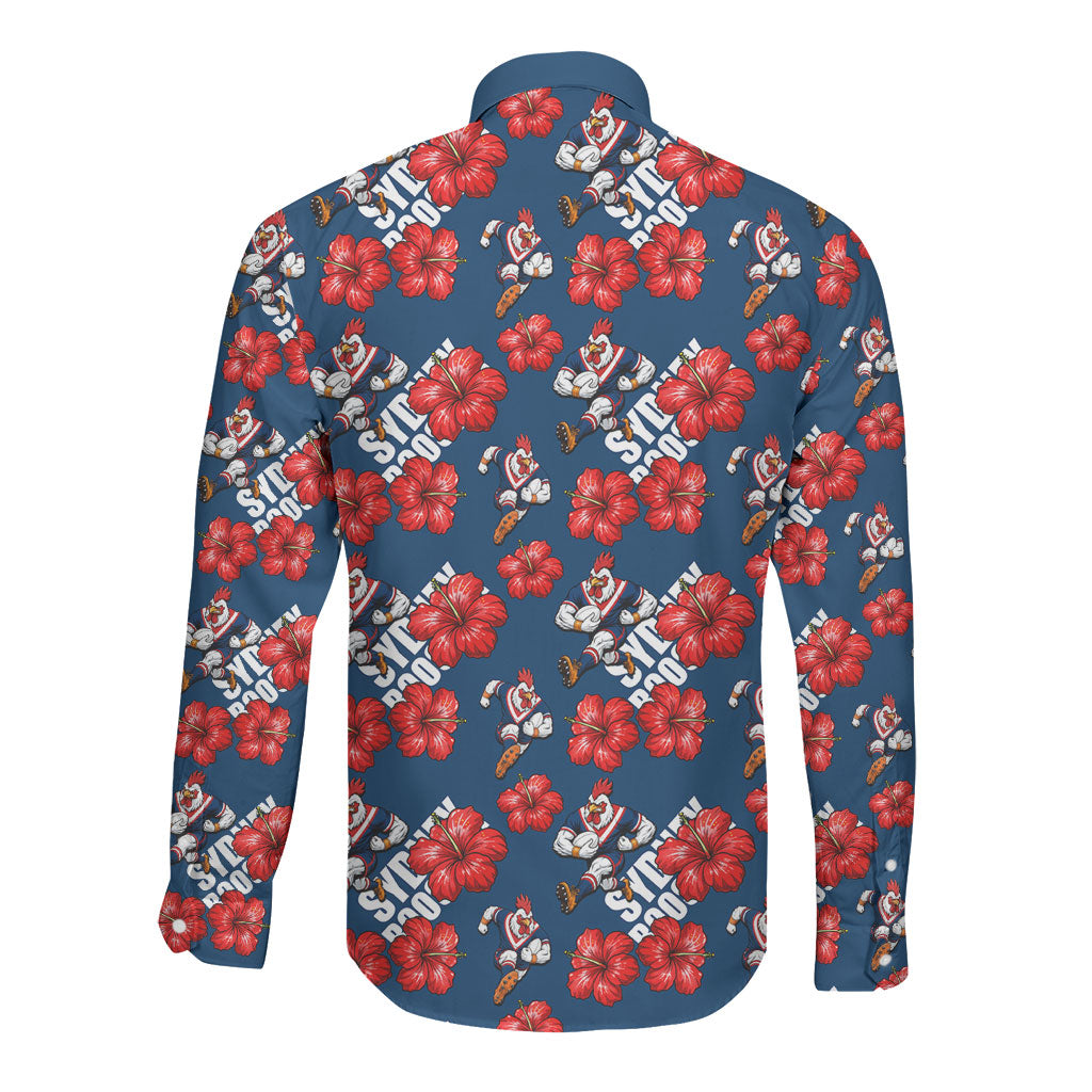 Sydney Roosters Long Sleeve Button Shirt Tropical Hibiscus Floral Seamless Rugby Mascot