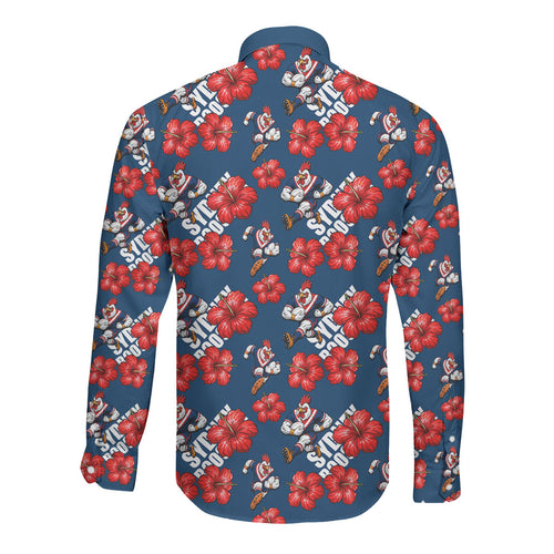Sydney Roosters Long Sleeve Button Shirt Tropical Hibiscus Floral Seamless Rugby Mascot