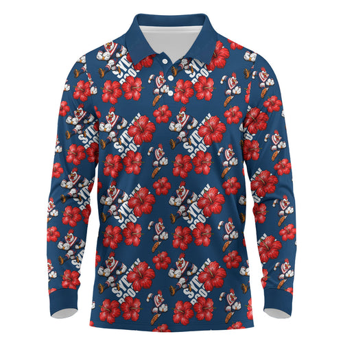 Sydney Roosters Long Sleeve Polo Shirt Tropical Hibiscus Floral Seamless Rugby Mascot
