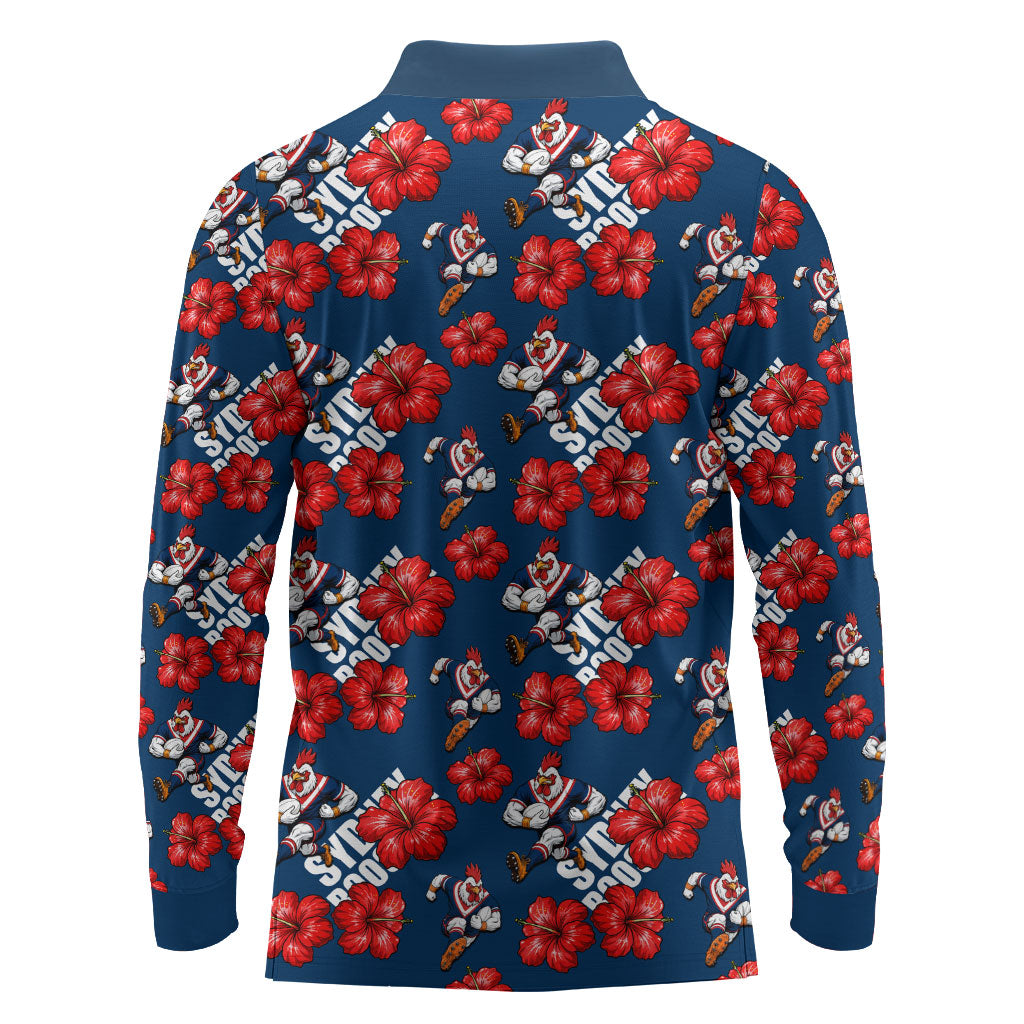 Sydney Roosters Long Sleeve Polo Shirt Tropical Hibiscus Floral Seamless Rugby Mascot