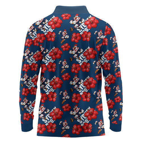 Sydney Roosters Long Sleeve Polo Shirt Tropical Hibiscus Floral Seamless Rugby Mascot