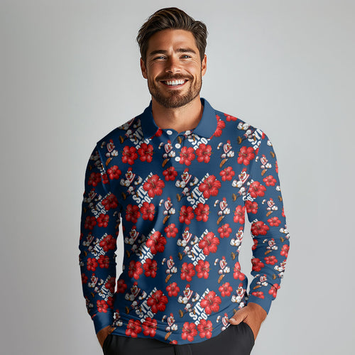 Sydney Roosters Long Sleeve Polo Shirt Tropical Hibiscus Floral Seamless Rugby Mascot