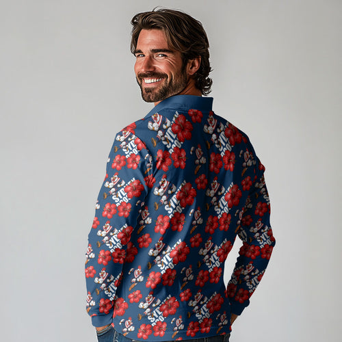 Sydney Roosters Long Sleeve Polo Shirt Tropical Hibiscus Floral Seamless Rugby Mascot