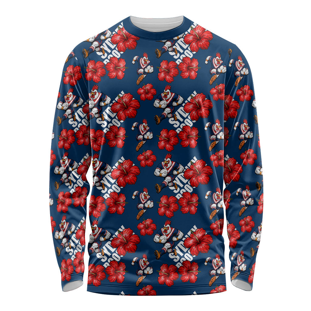 Sydney Roosters Long Sleeve Shirt Tropical Hibiscus Floral Seamless Rugby Mascot
