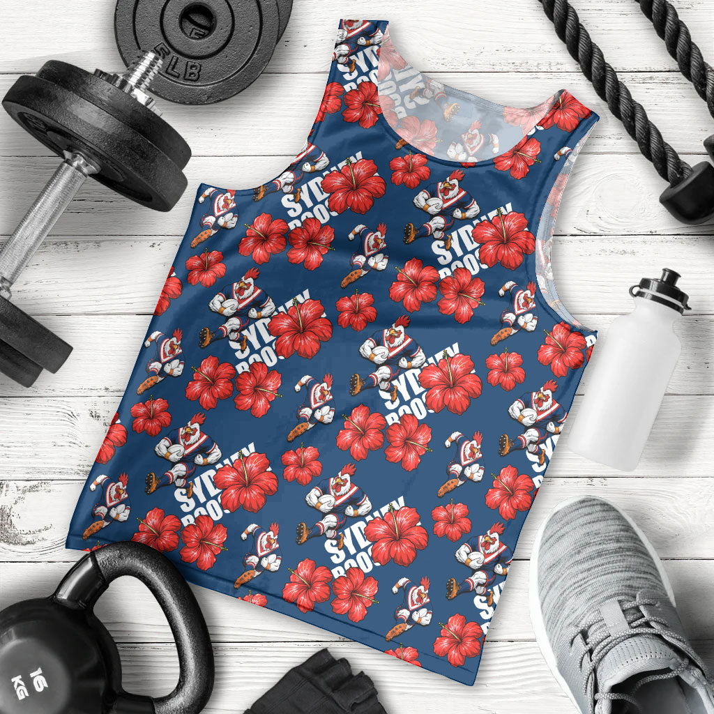 Sydney Roosters Men Tank Top Tropical Hibiscus Floral Seamless Rugby Mascot