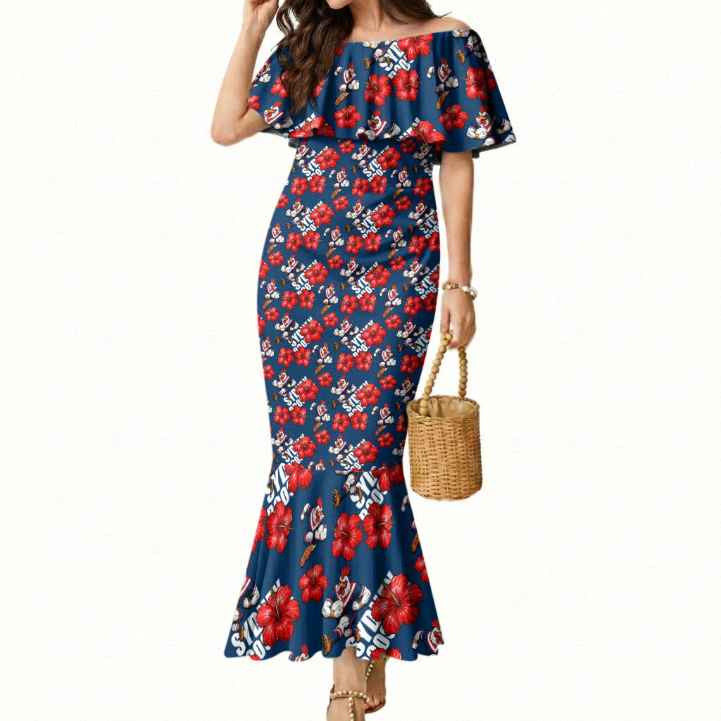 Sydney Roosters Mermaid Dress Tropical Hibiscus Floral Seamless Rugby Mascot