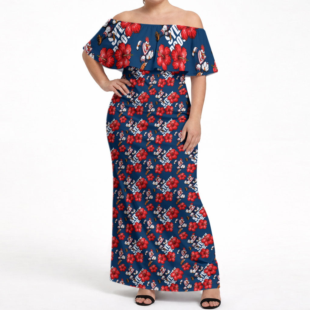 Sydney Roosters Off Shoulder Maxi Dress Tropical Hibiscus Floral Seamless Rugby Mascot
