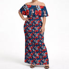 Sydney Roosters Off Shoulder Maxi Dress Tropical Hibiscus Floral Seamless Rugby Mascot