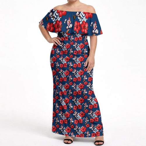 Sydney Roosters Off Shoulder Maxi Dress Tropical Hibiscus Floral Seamless Rugby Mascot
