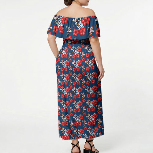 Sydney Roosters Off Shoulder Maxi Dress Tropical Hibiscus Floral Seamless Rugby Mascot