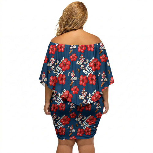 Sydney Roosters Off Shoulder Short Dress Tropical Hibiscus Floral Seamless Rugby Mascot