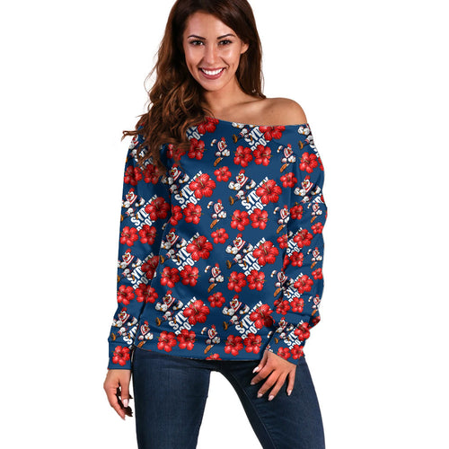 Sydney Roosters Off Shoulder Sweater Tropical Hibiscus Floral Seamless Rugby Mascot