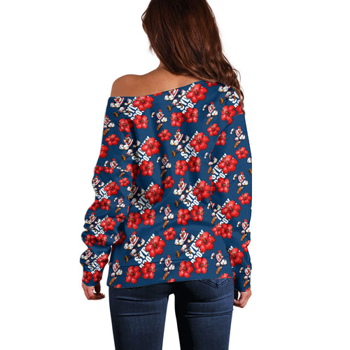 Sydney Roosters Off Shoulder Sweater Tropical Hibiscus Floral Seamless Rugby Mascot