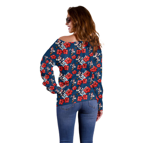 Sydney Roosters Off Shoulder Sweater Tropical Hibiscus Floral Seamless Rugby Mascot