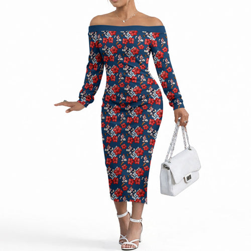 Sydney Roosters Off The Shoulder Long Sleeve Dress Tropical Hibiscus Floral Seamless Rugby Mascot