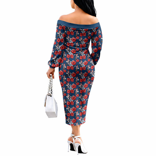 Sydney Roosters Off The Shoulder Long Sleeve Dress Tropical Hibiscus Floral Seamless Rugby Mascot
