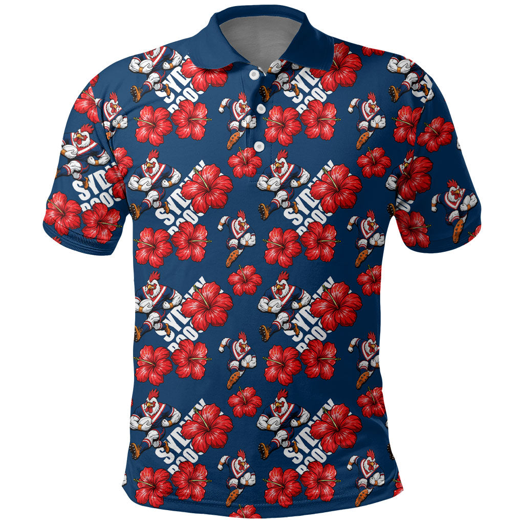 Sydney Roosters Polo Shirt Tropical Hibiscus Floral Seamless Rugby Mascot