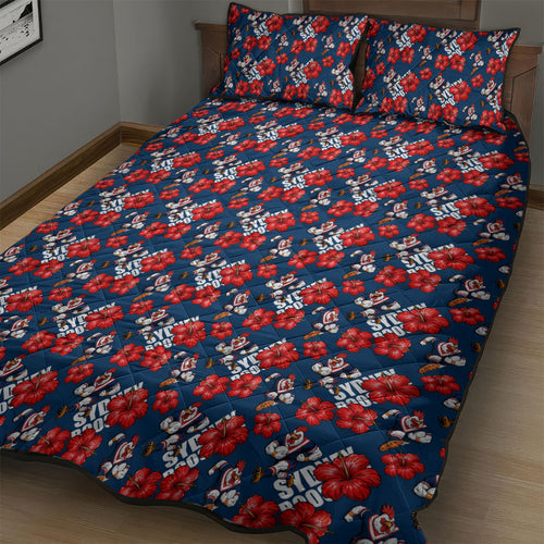 Sydney Roosters Quilt Bed Set Tropical Hibiscus Floral Seamless Rugby Mascot
