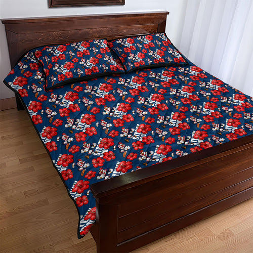 Sydney Roosters Quilt Bed Set Tropical Hibiscus Floral Seamless Rugby Mascot