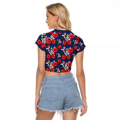 Sydney Roosters Raglan Cropped T Shirt Tropical Hibiscus Floral Seamless Rugby Mascot