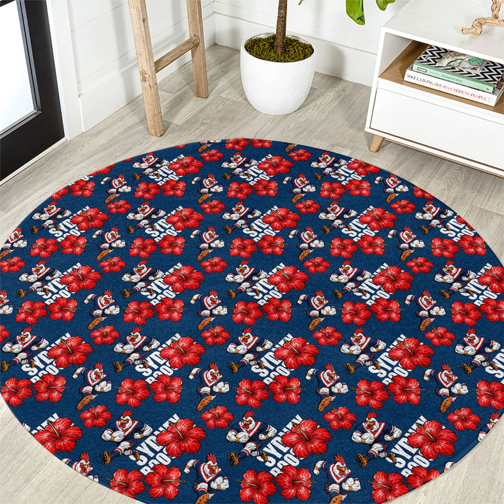 Sydney Roosters Round Carpet Tropical Hibiscus Floral Seamless Rugby Mascot