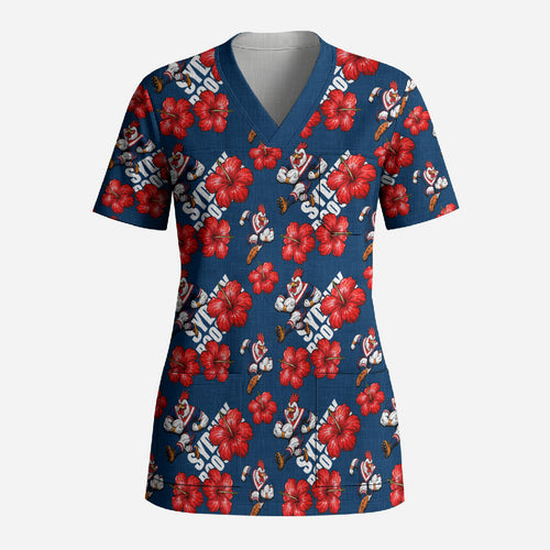Sydney Roosters Scrub Top Tropical Hibiscus Floral Seamless Rugby Mascot