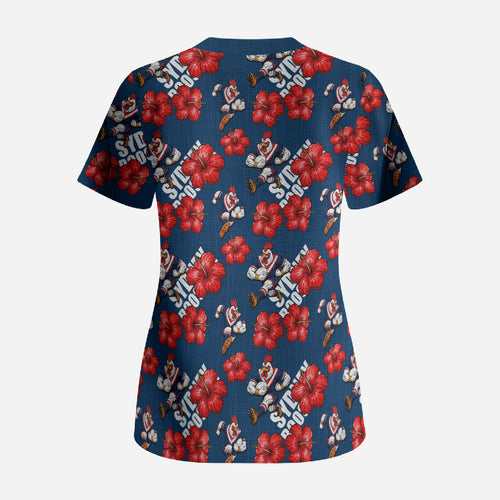 Sydney Roosters Scrub Top Tropical Hibiscus Floral Seamless Rugby Mascot