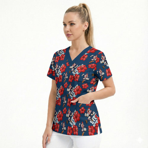 Sydney Roosters Scrub Top Tropical Hibiscus Floral Seamless Rugby Mascot