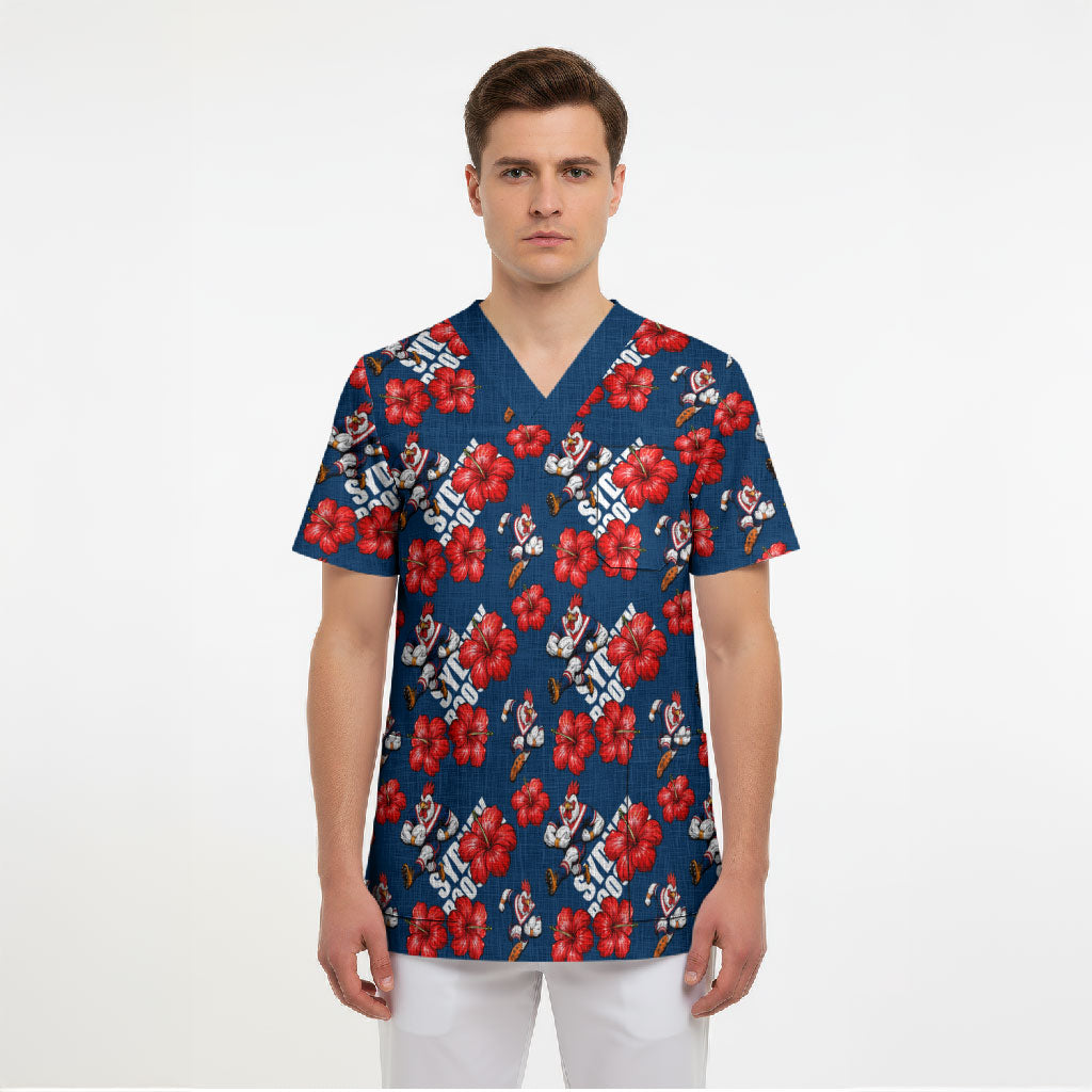 Sydney Roosters Scrub Top Tropical Hibiscus Floral Seamless Rugby Mascot