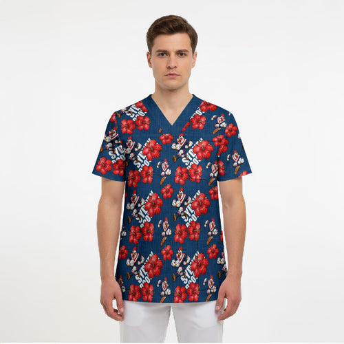 Sydney Roosters Scrub Top Tropical Hibiscus Floral Seamless Rugby Mascot