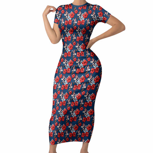Sydney Roosters Short Sleeve Bodycon Dress Tropical Hibiscus Floral Seamless Rugby Mascot