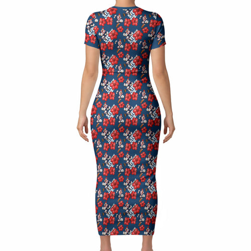 Sydney Roosters Short Sleeve Bodycon Dress Tropical Hibiscus Floral Seamless Rugby Mascot