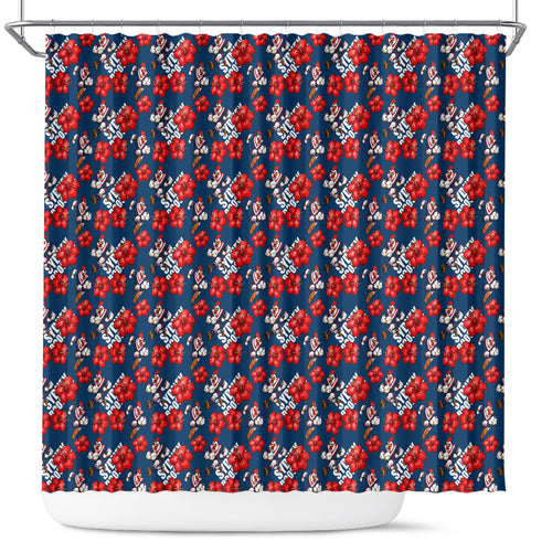 Sydney Roosters Shower Curtain Tropical Hibiscus Floral Seamless Rugby Mascot