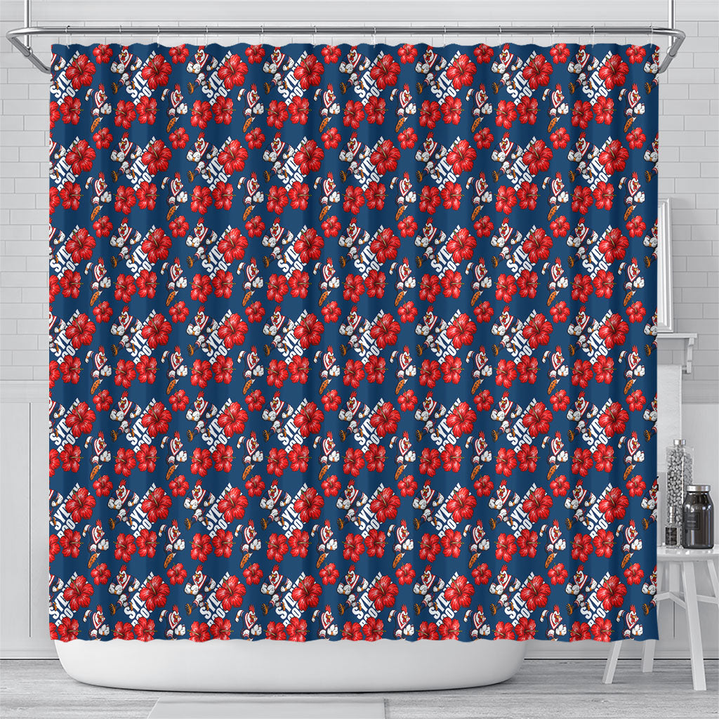 Sydney Roosters Shower Curtain Tropical Hibiscus Floral Seamless Rugby Mascot