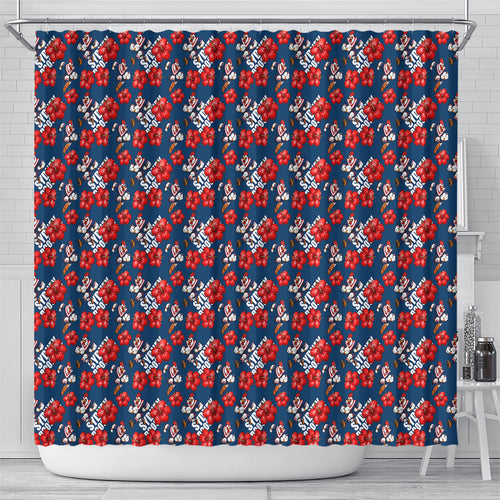 Sydney Roosters Shower Curtain Tropical Hibiscus Floral Seamless Rugby Mascot