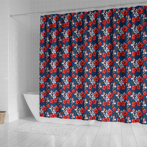Sydney Roosters Shower Curtain Tropical Hibiscus Floral Seamless Rugby Mascot