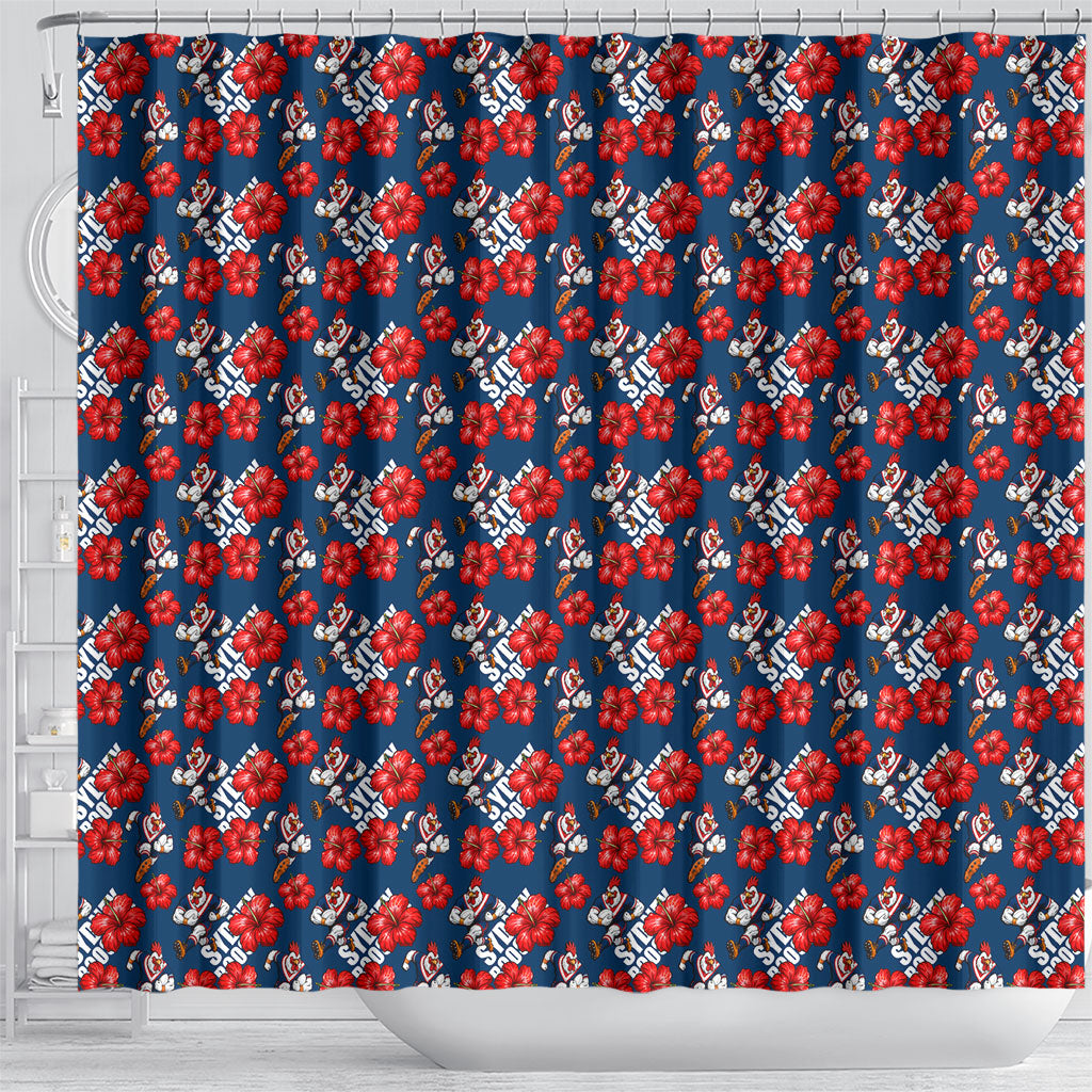 Sydney Roosters Shower Curtain Tropical Hibiscus Floral Seamless Rugby Mascot